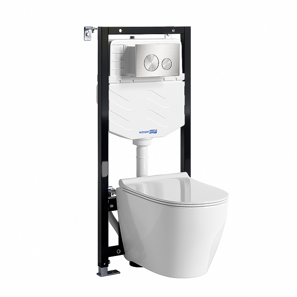 Унитаз подвесной WasserKRAFT Mindel 10TLT.010.ME.BN02.H002 безободковый, с инсталляцией Aller 10, с крышкой микролифт, белый/кнопка никель