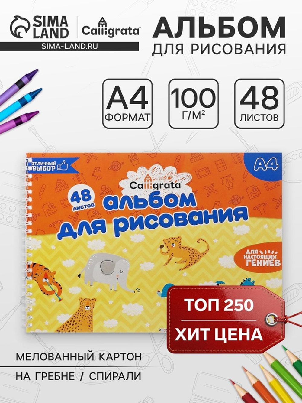 Альбом для рисования Calligrata А4, 48 листов на гребне, обложка мелованный картон, блок 100 г/м²