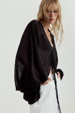 ZARA ТОП ИЗ КРЕПА С ПЫШНЫМИ РУКАВАМИ, ЧЕРНЫЙ