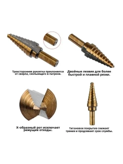 Набор ступенчатых сверл по металлу с титановым покрытием в кейсе 5шт, трехгранный хвостовик/сверла по металлу