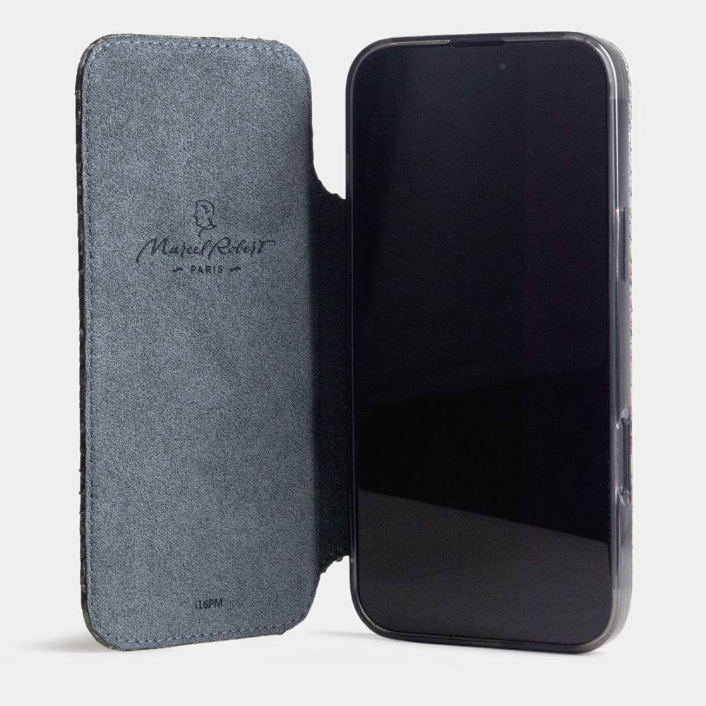 Чехол-книжка кожаная для iPhone 16 Pro Max, питон зеленого цвета