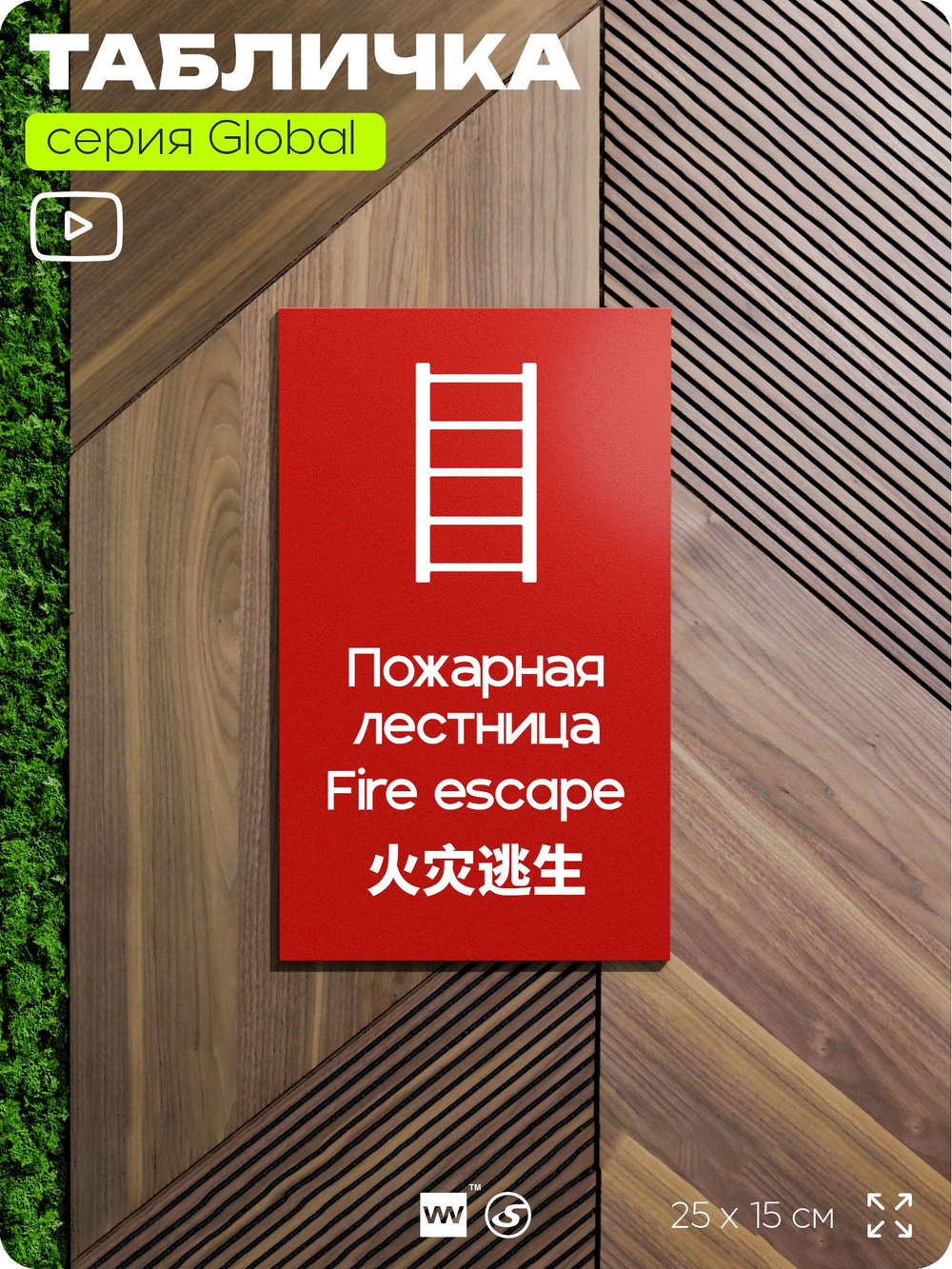 Табличка Пожарная лестница, на дверь и стену, информационная и мультиязычная (русский, английский, китайский), серия GLOBAL, 25х15 см, Айдентика Технолоджи