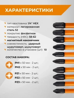 Набор бит торсионных IMPACT S2 PH PZ x 50 мм 10 шт 5 наконечников RAGE by VIRA