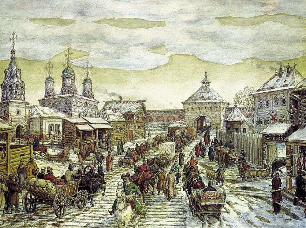 "У Мясницких ворот Белого города в Москве в XVII в.", Васнецов А. М., картина для интерьера (репродукция)