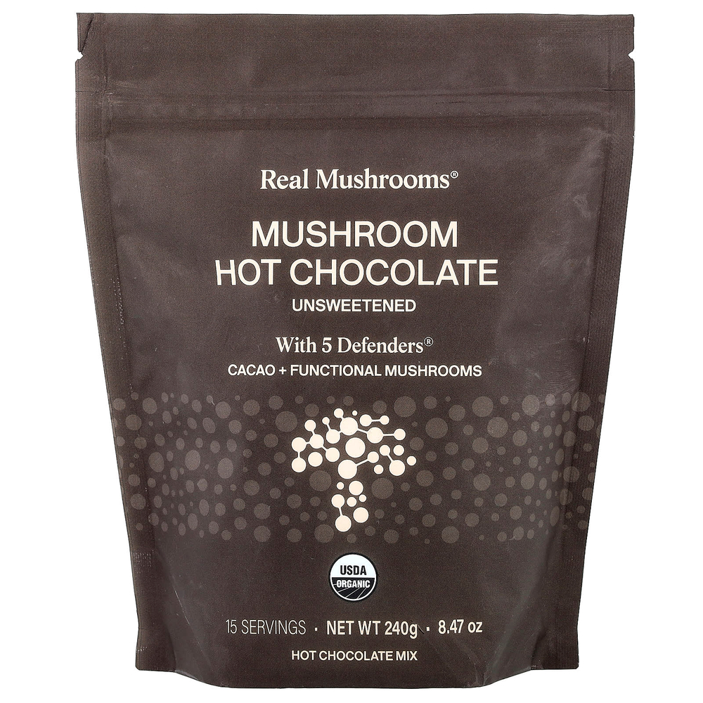 Real Mushrooms, горячий шоколад с грибами и 5 Defenders®, без подсластителей, 240 г (8,47 унции)