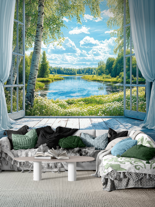 3D фотообои вид из окна и пейзаж с березами