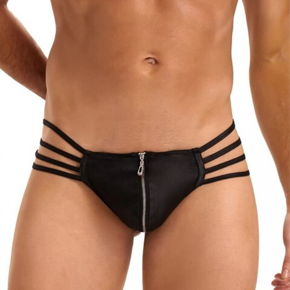 Кожаные мужские стринги Ohyeah Zipper Black, на молнии со стрепами, XL