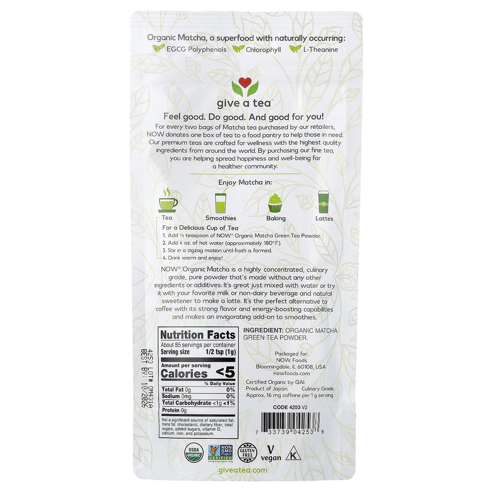 NOW Foods, органический зеленый чай матча в порошке, 85 г (3 унции)