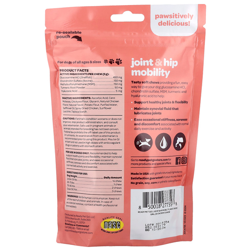 Ready Pet Go, Подвижность суставов и бедер, для собак, для всех возрастов, курица-гриль, 60 жевательных таблеток, 300 г (10,6 унции)