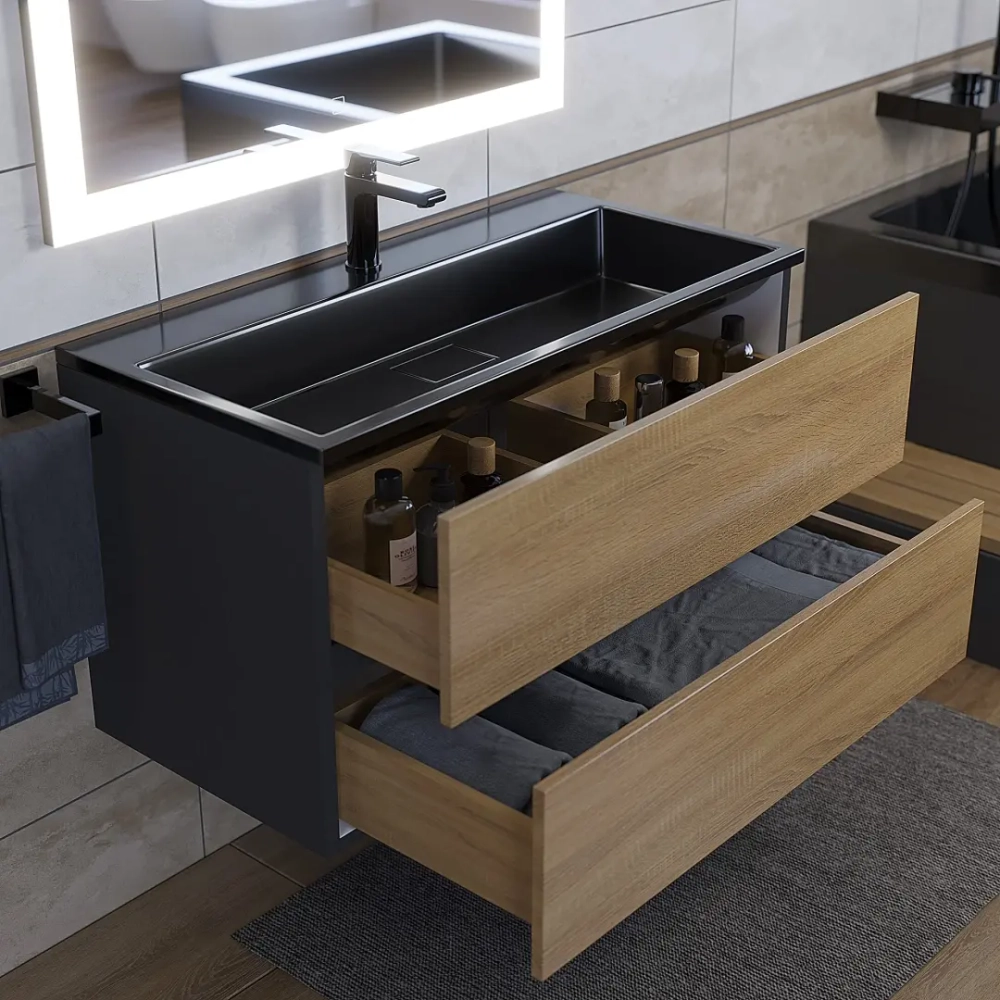 Тумба с раковиной Uperwood Barsa 90 см, раковина черная глянцевая, подвесная тумба черная/дуб сонома