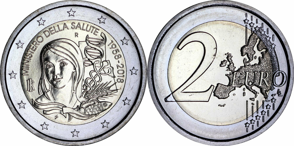 Италия 2 евро, 2018 60 лет основанию Министерства здравоохранения aUNC