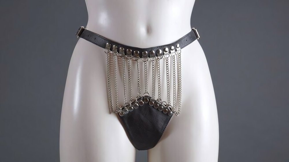 Женские кожаные трусики на цепочках (Цвет: черный с серебряным)