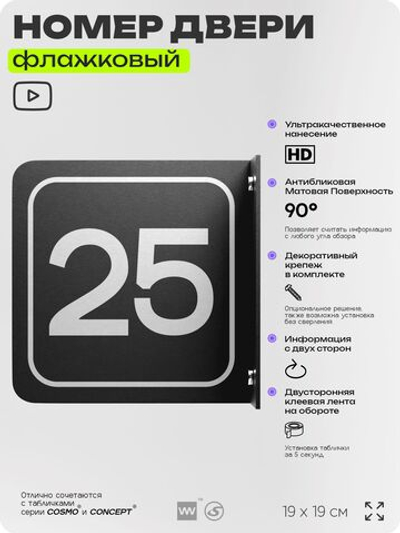 Табличка флажковая с номером 25 на дверь квартиры, для офиса, кабинета, аудитории, склада, черная двустороняя 19х19 см, Айдентика Технолоджи
