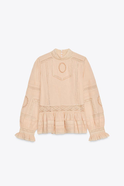 ZARA РОМАНТИЧНАЯ РУБАШКА С ВЫШИВКОЙ — ZW COLLECTION, ЦВЕТ РОЗОВОГО ДЕРЕВА