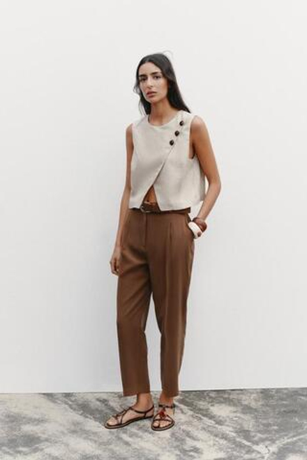ZARA БРЮКИ ИЗ ЛЕГКОЙ ТКАНИ С РЕМНЕМ, КОРИЧНЕВЫЙ