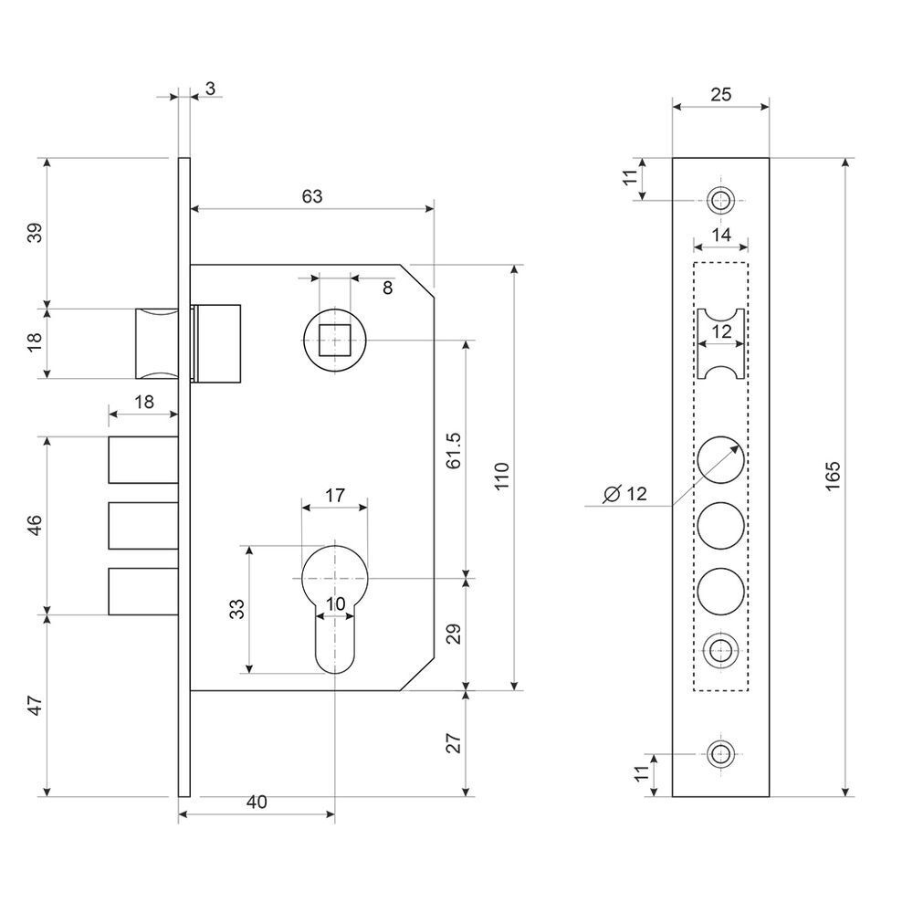 Замок врезной Apecs, 1026/60-CR, ручка в комплект, цилиндровый, хром