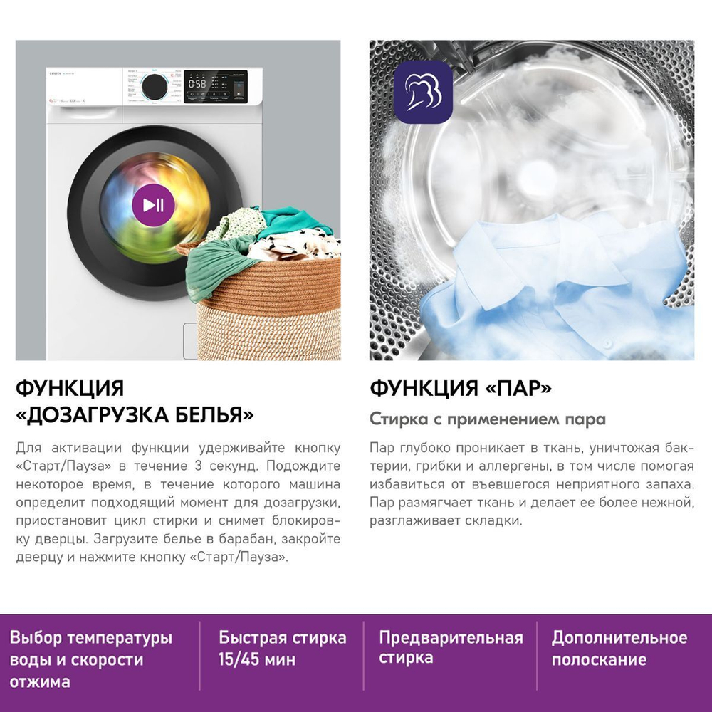 Стиральная машина Centek Inverter CT-1920 (белая), сенсорное управление, загрузка белья 6 кг,1200 об/мин, 15 программ, А+++, очистка барабана