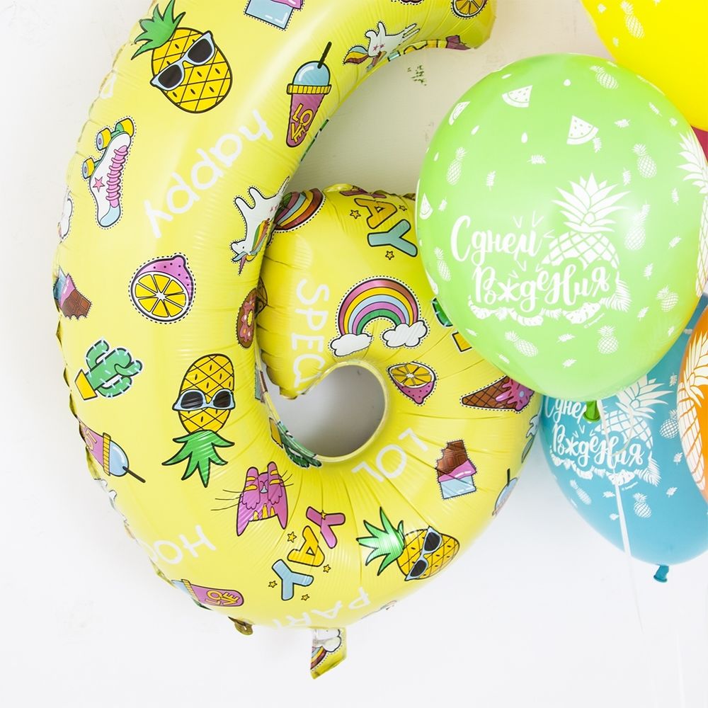 Шар (34"/86 см) Цифра, 6 Веселые картинки, Желтый 1 шт.