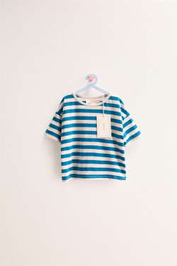 ZARA TIMELESS - ФУТБОЛКА В ПОЛОСКУ ИЗ ХЛОПКА И ЛЬНА, БИРЮЗОВЫЙ