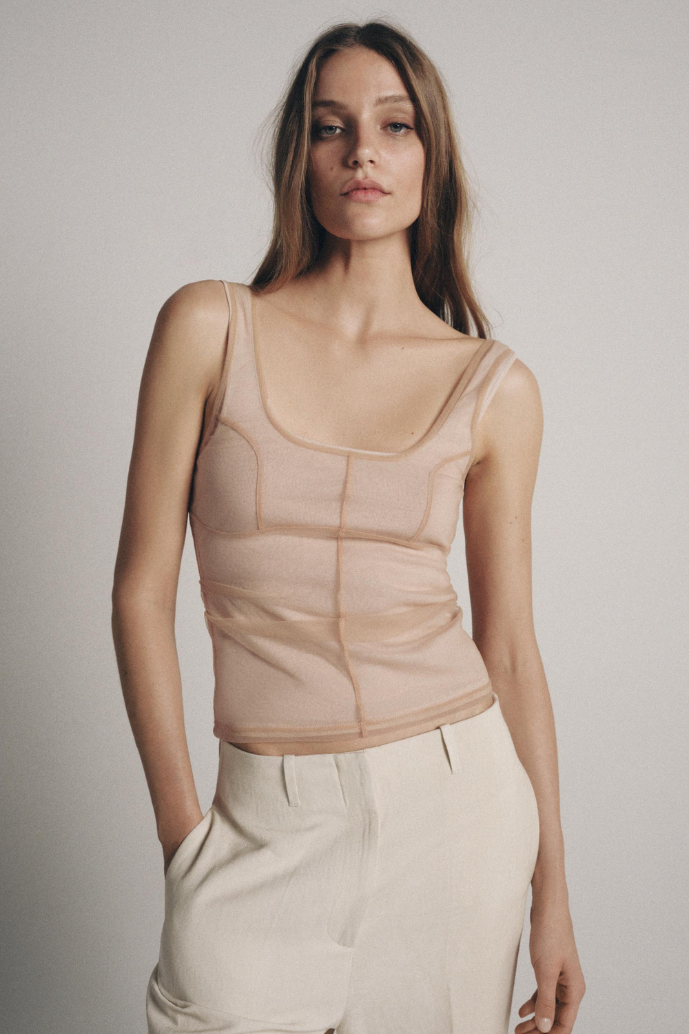 ZARA ТОП ИЗ ПОЛУПРОЗРАЧНОЙ ТКАНИ С ДЕКОРАТИВНОЙ СТРОЧКОЙ, ТЕЛЕСНО-РОЗОВЫЙ