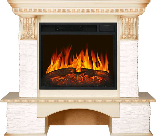 Каминокомплект Pierre Luxe - Сланец белый / Слоновая кость с патиной с очагом Vision 23 LED FX