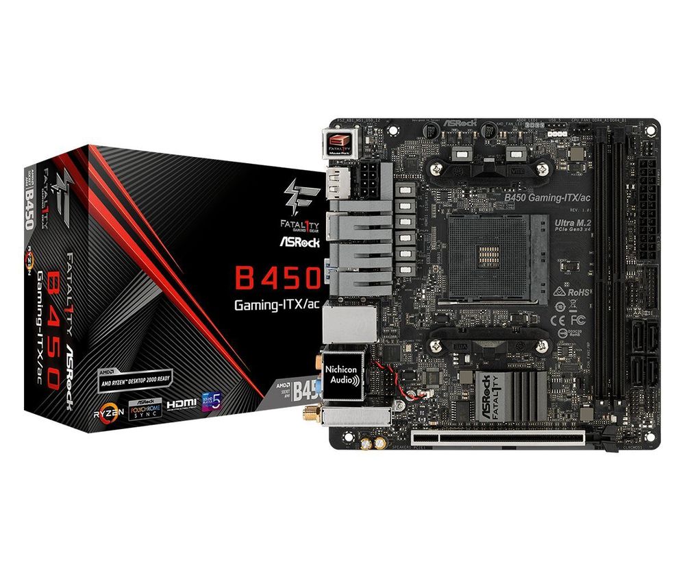 Материнская плата ASRock B450 GAMING-ITX/AC AM4 2xDDR4 4xSATA3 M.2 HDMI DP M-ITX