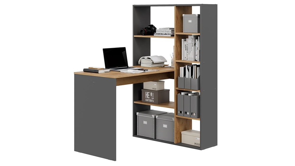 Стол письменный с полками и шкафом Графит Серый/Дуб Крафт Золотой 90х110х140 см