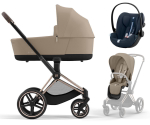 Коляска 3 в 1 Cybex Priam IV Rosegold и автокресло Cloud G i-Size Ocean Blue Plus Cozy Beige