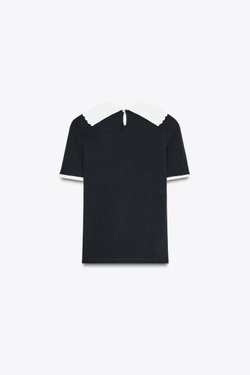 ZARA ФУТБОЛКА С ТРИКОТАЖНЫМ ВОРОТНИКОМ И БАНТОМ, ЧЕРНЫЙ