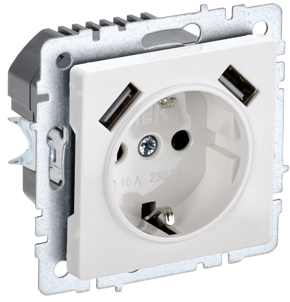BRITE Розетка 1-местная с заземлением с защитными шторками 16А с USB A+A 5В 3,1А РЮш10-2-БрБ белый IEK