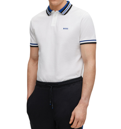 Мужское теннисное поло BOSS Cotton-Piqué Polo Shirt With Ribbed Striped Trims - белый