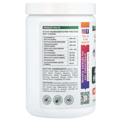 Bark&Spark, Glucosamine, Advanced Hip + Joint, Max Strength, For Dogs, Bacon, 120 Soft Chews