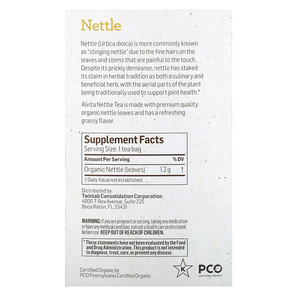 Alvita Teas, органический растительный чай, крапива, без кофеина, 16 индивидуально упакованных чайных пакетиков, 19,28 г (0,68 унции)
