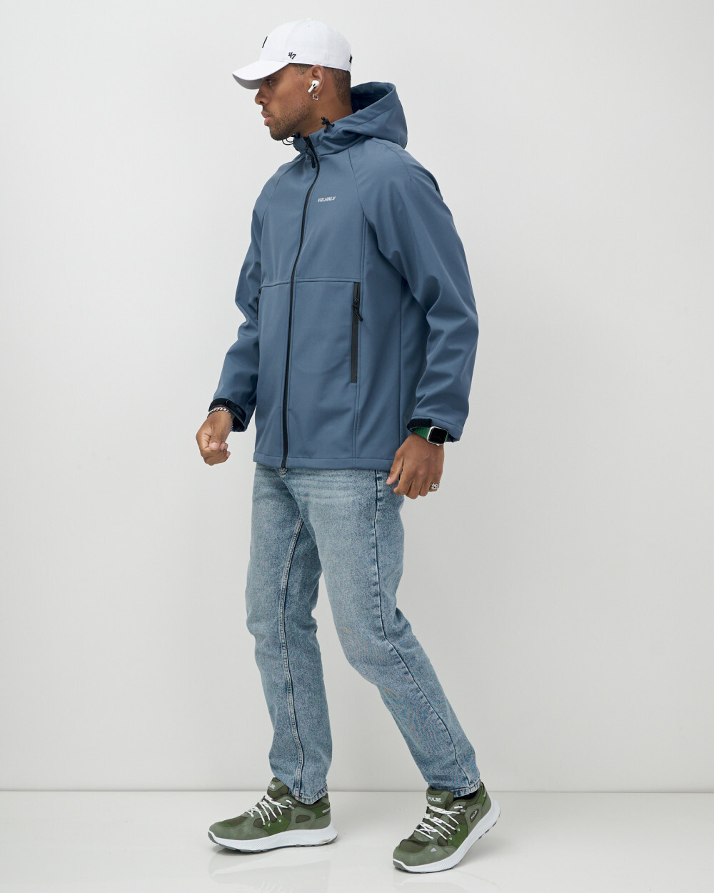 Ветровка спортивная мужская с капюшоном softshell синего цвета 9563S
