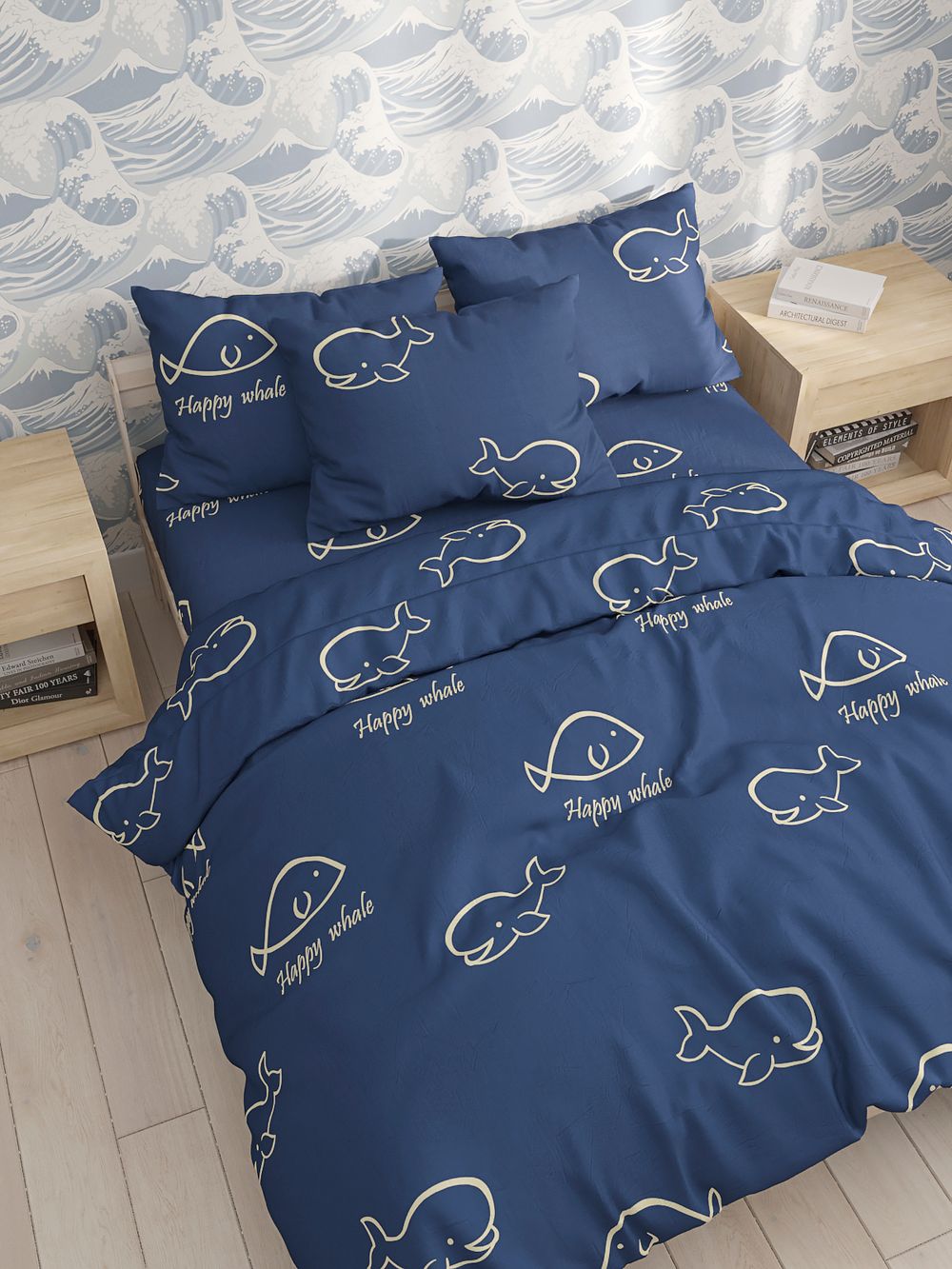 Постельное белье Сказка "Киты" евро Наволочка 50х70 см 2 шт Простынь на резинке 180х200 см Пододеяльник 200х215 см, перкаль