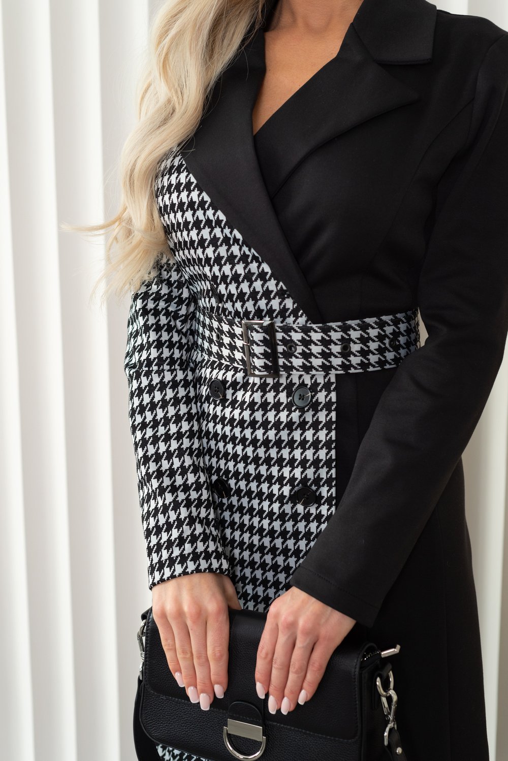 Платье черное комбинированное с принтом гусиная лапка