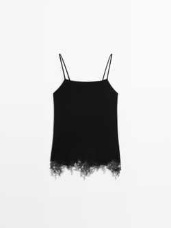 Massimo Dutti Топ в бельевом стиле с кружевом, черный