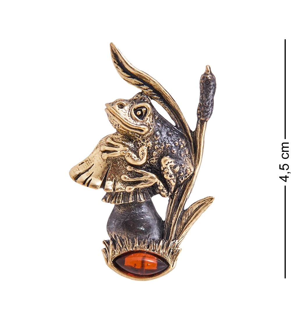 AM-3839 Брошь «Лягушка на грибе» (латунь, янтарь)