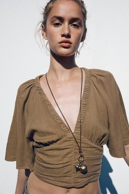 ZARA БЛУЗА ИЗ СМЕСОВОГО ЛЬНА С ВОЛАНАМИ НА РУКАВАХ, СВЕТЛО-КОРИЧНЕВЫЙ
