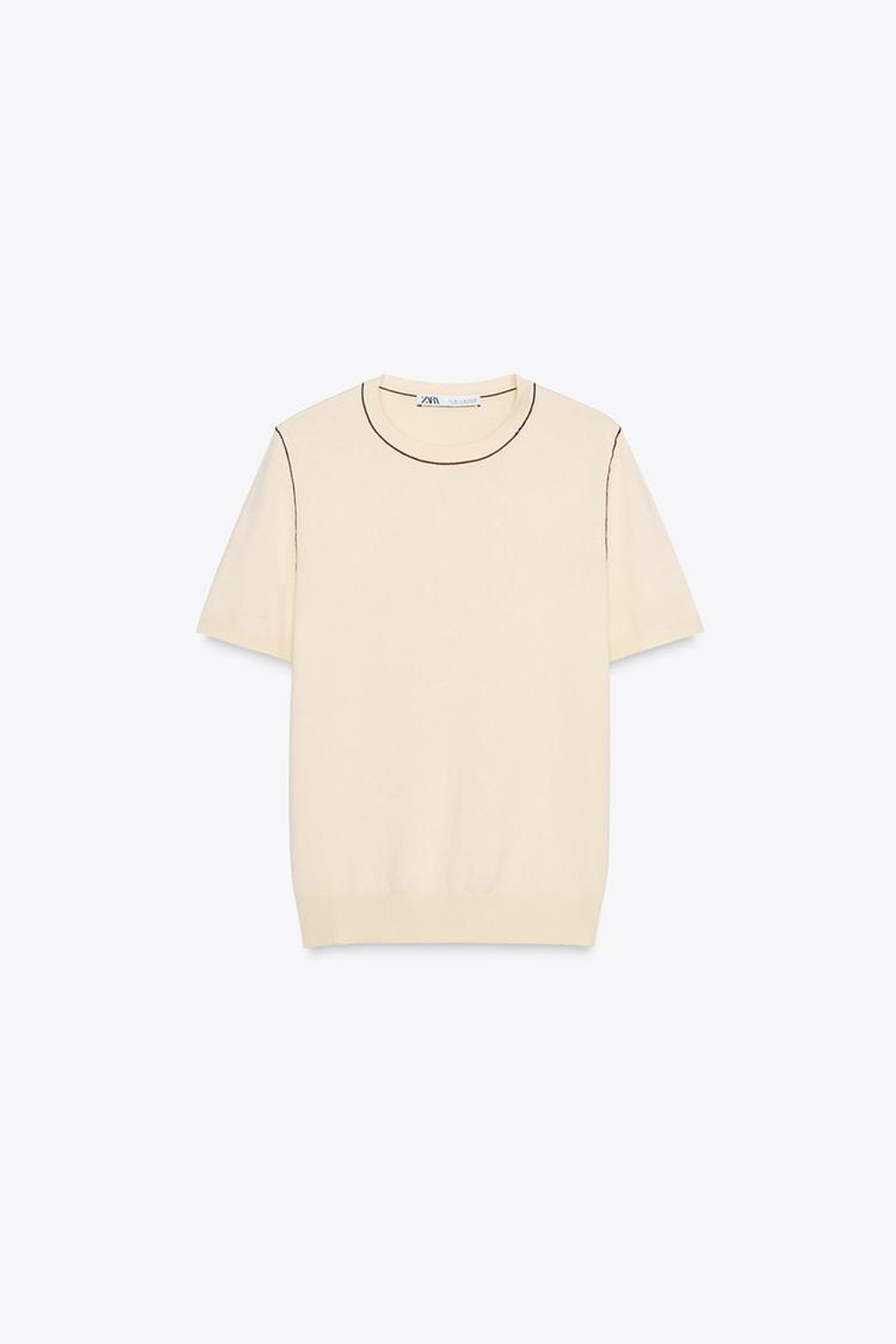 ZARA ТРИКОТАЖНЫЙ ТОП С КОРОТКИМИ РУКАВАМИ И ОКАНТОВКОЙ, ЭКРЮ