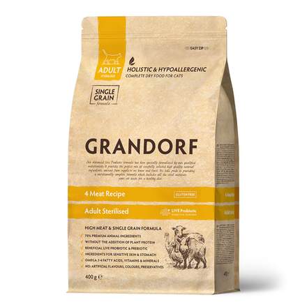 GRANDORF 4 Meat Sterilised Adult - 4 мяса с бурым рисом для стерилизованных кошек от 1 года (Биоразлагаемая упаковка)