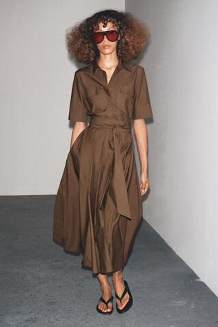ZARA ПЛАТЬЕ ИЗ ПОПЛИНА — ZW COLLECTION, КОРИЧНЕВЫЙ
