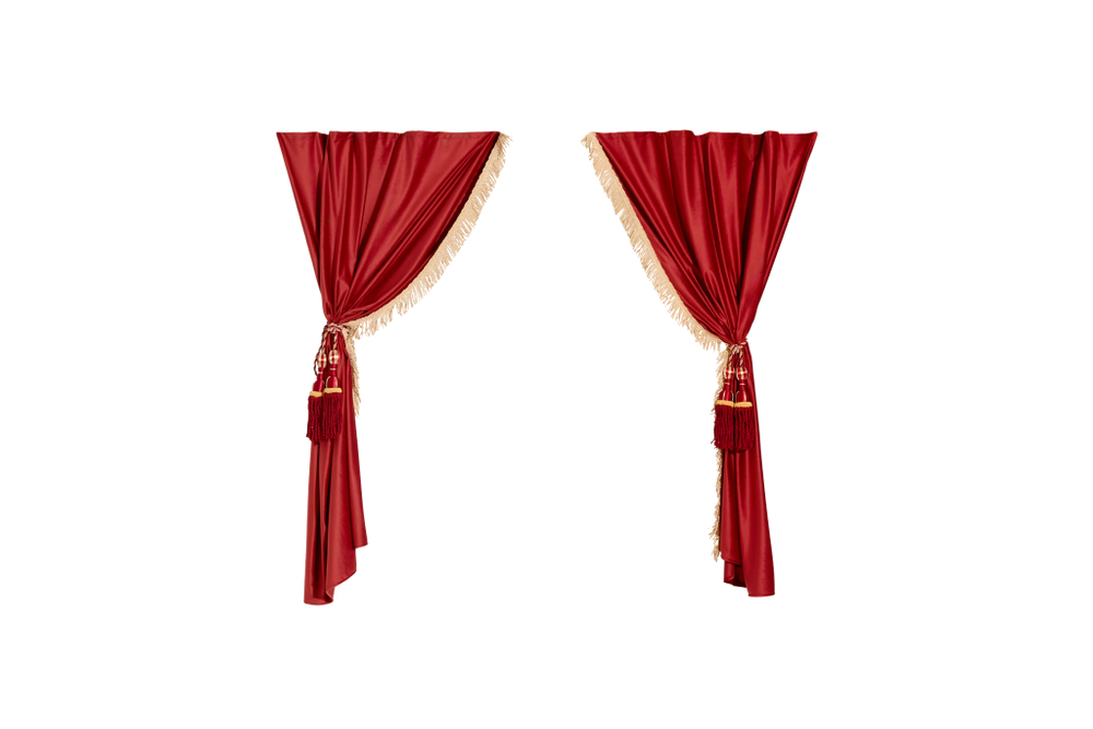 Шторы спального места с прихватами "Кисти" красные в кабину Volvo, Scania, MAN, DAF, Merc, Камаз, Sitrak, Shacman, Foton, FAW. Высота 1,5м, ширина одной стороны - 1,15м. Блэкаут, велюр. Красный цвет с бежевой бахромой и красными кистями