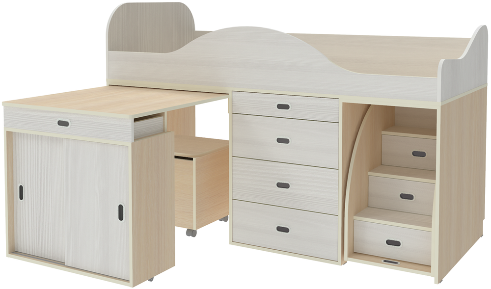 Кровать-чердак КарИВи Малыш Люкс  Дуб Молочный Белое Дерево