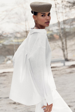 ZARA БЛУЗА-ПОЛО ИЗ ЛЬНА, БЕЛЫЙ