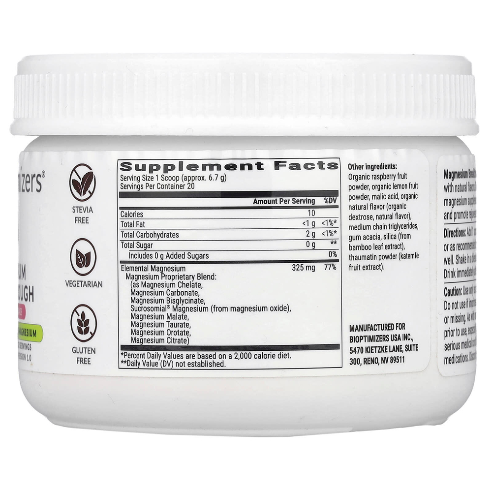 BIOptimizers, Magnesium Breakthrough, малиновый лимонад, 134 г (4,7 унции)
