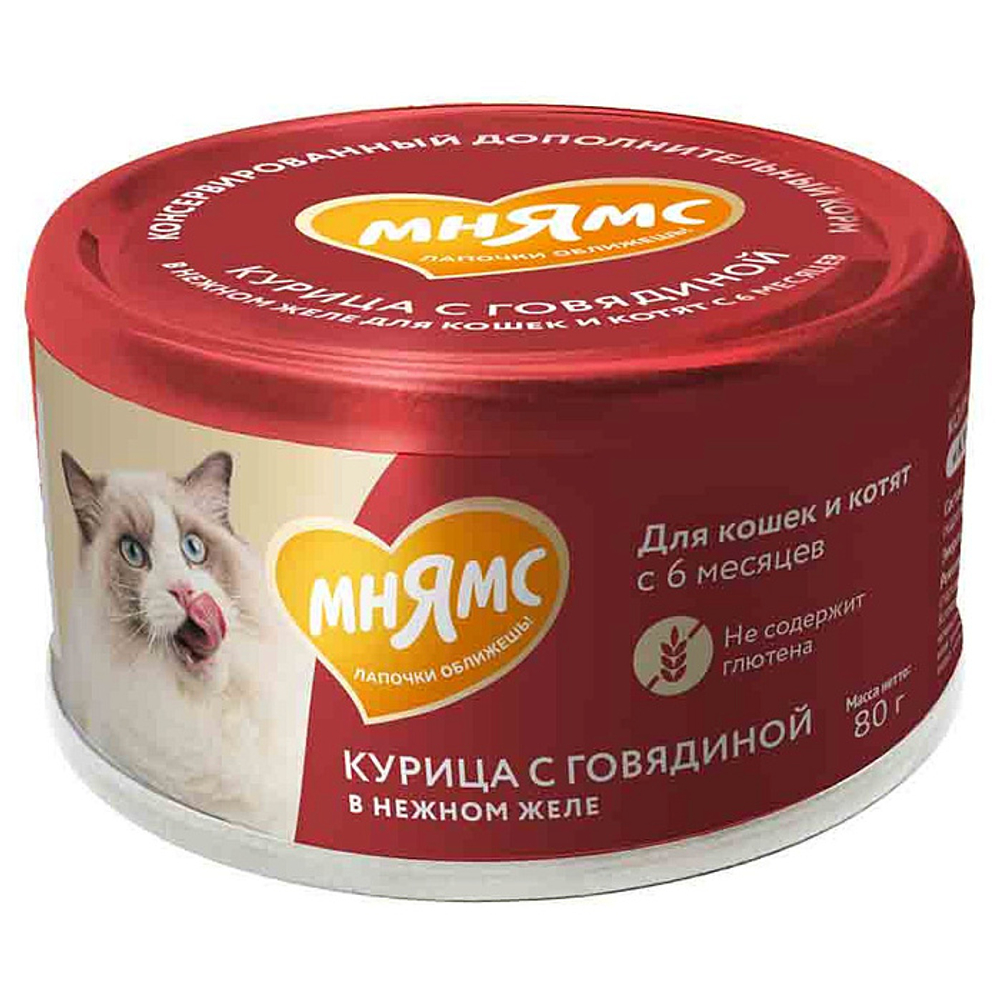 Влажный дополнительный корм для кошек и котят старше 6 месяцев Мнямс на каждый день курица с говядиной в нежном желе 80 г 24 шт