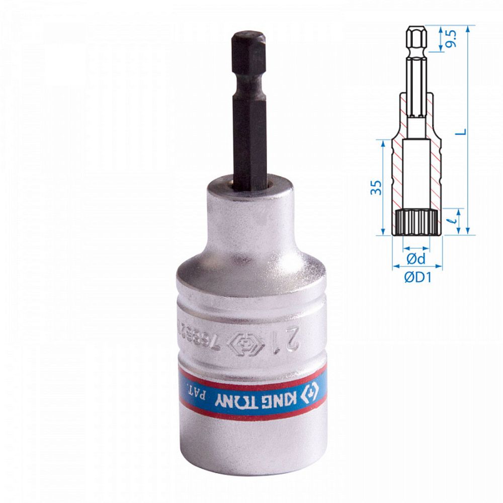 KING TONY (76B821M) Головка для шуруповерта двенадцатигранная 1/4", 21 мм, L = 80 мм
