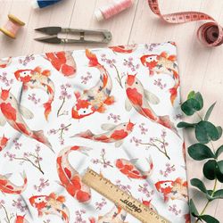 Ткань блэкаут японские карпы с веточками цветов