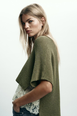 ZARA КОМБИНИРОВАННЫЙ ТРИКОТАЖНЫЙ ДЖЕМПЕР, ХАКИ